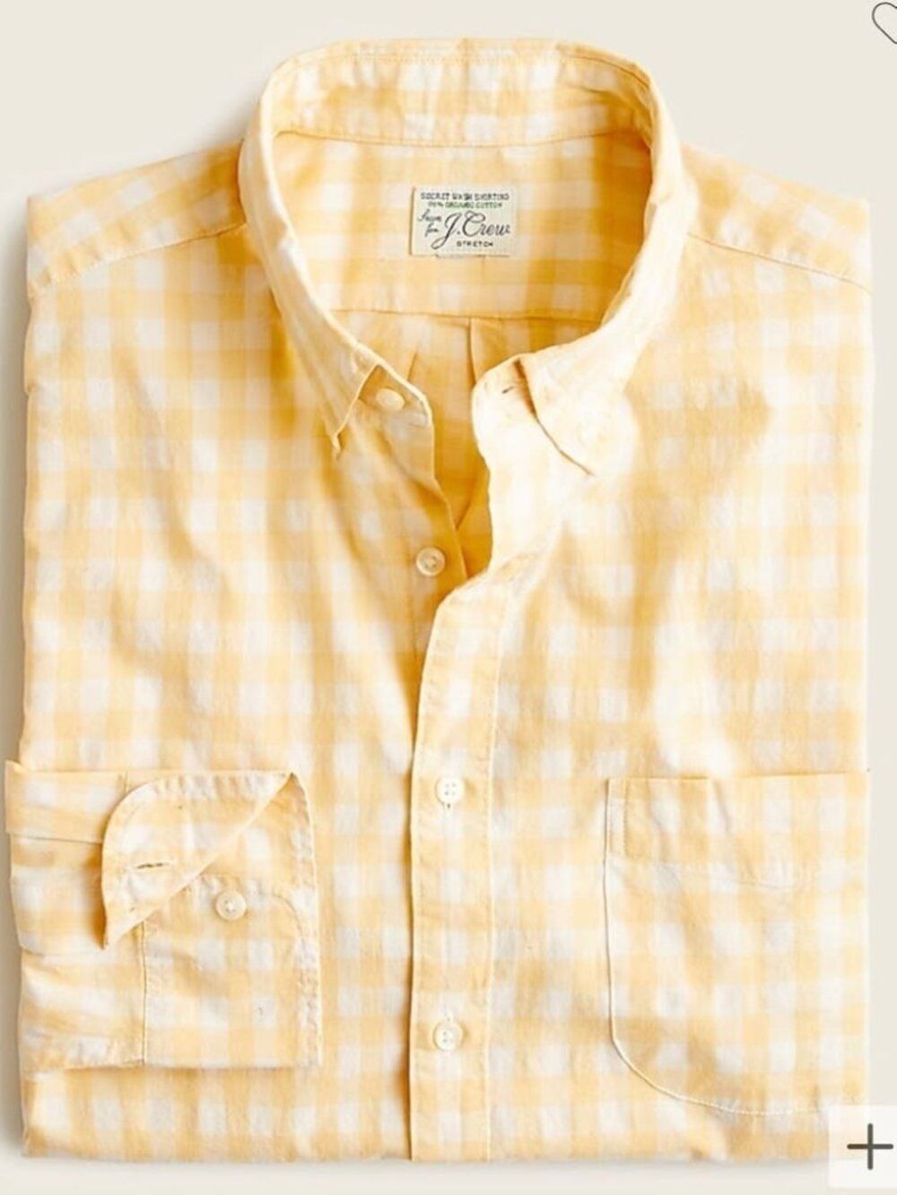 J Crew Stretch Secret Wash Button Shirt Organic Cotton Gingham Yellow XL Tall